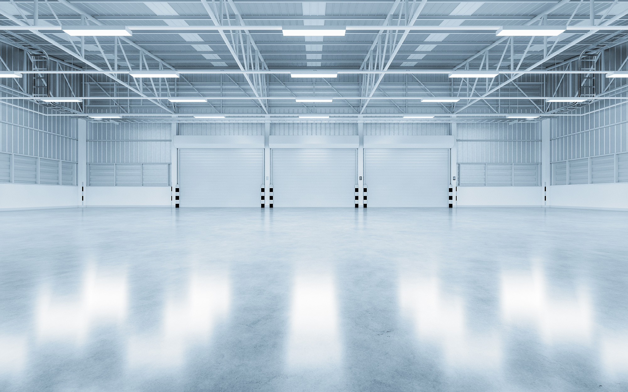 Front view of industrial warehouse with shiny floors